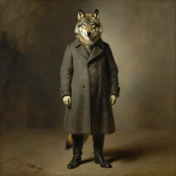 beautiful portrait of a wolf wearing long tailored coat and boots by rembrandt, oil painting