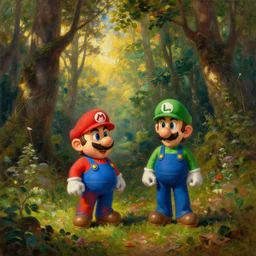 detailed oil painting of mario and luigi in a deep forest landscape by caspar david friedrich and claude lorrain, perfect lighting, golden hour