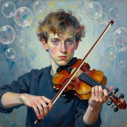 portrait of a young violinist with violin focusing, painted by vincent lefevre and hernan bas and pat steir and hilma af klint, psychological, symmetrical face, dripping paint, washy brush, background with hundreds of bubbles of memories by andreas gursky, rendered in octane, altermodern, masterpiece