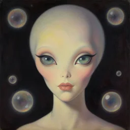 portrait painting of a beautiful alien woman with big eyes in space, by norman rockwell. close - up view. floating glowing bubbles. muted colors, soft gradients. dark background. trending on artstation. retrofuturism.