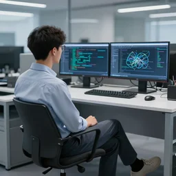 machine learning engineer sitting on a chair and waiting until the neural network model will finish training. highly detailed, 8 k.