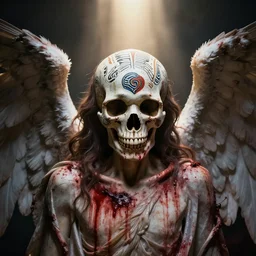 an angel with a skull painted with indigenous motifs for the head by tsuyoshi nagano, dramatic lighting, blood, god rays, angelical