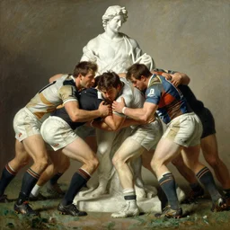 handsome rugby players in a scrum painting by gaston bussiere, craig mullins, j. c. leyendecker, tom of finland, marble sculpture