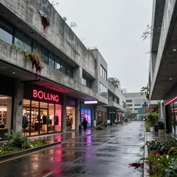 post apocalyptic shopping center, raining, building, avenue, modern contemporary urban americana concrete architecture, paved roads, by thomas kinkade, pascal blanche, greg rutkowski, shaddy safadi, neil blevins trending on artstation, photorealistic, neon ambiance, ultra detailed, high definition, depth of field, wild vegetation, blood stains, crumbling
