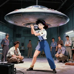 a film still of a 1 9 5 0's mechanic anime girl repairing ufo in big hangar inside spaceship, surreal photography, dramatic light, by victo ngai by james jean, by rossdraws, frank franzzeta, mcbess, sharp focus, finely detailed features, full body mid shot, perfect art, trending on pixiv fanbox, painted by gaston bussiere, ma