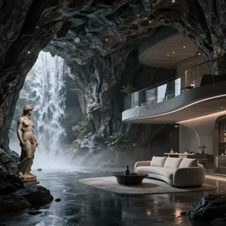 a futuristic apartment interior in the style of a waterfall cave, Greek statue, wet floors, high ceiling, dark moody lighting, foggy atmosphere, 10mm lens, by Craig Mullins and Denis Villeneuve, octane rendering