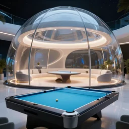 A pool and a ping pong table inside a futuristic lounge in a glass dome, designed by zaha hadid, octane render, ray tracing, 8k resolution, sharp