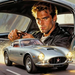 moebius comic art, the incal, maserati tipo 1 5 1, cinematic moebius illustration, driver rider, painting, film still, knight rider kitt, jack kirby