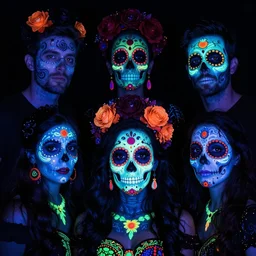 Portrait of a beautiful sugarskull Dan Mumford and Josan Gonzalez and Laurie Greasley and Tim Doyle, blacklight, blacklight paint, ultraviolet