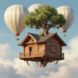 a detailed illustration of a two storied wooden cabin floating on three giant fabric balloons through the clouds, an old tree is growing through its roof