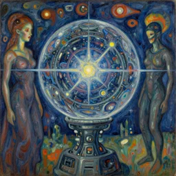 complex alien technology that can create a giant sphere of energy, used to contain a star by camille pissarro and alexej von jawlensky, style of game of thrones