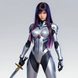 poster art of woman in full mecha body suit holding a sword, long straight hair, colourful, pretty face, disgusted expression, glowing eyes, anime style by rossdraws, artgerm and greg rutkowski, 4 k, graphic design, adobe illustrator, behance, trending on pixiv