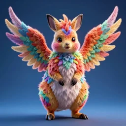 high quality 3 d render hyperrealist very cute multicolor stripped fluffy! quokka phoenix hybrid with wings!!!, highly detailed, vray smooth, in the style of detective pikachu, hannah yata charlie immer, dramatic blue light, low angle, uhd 8 k, sharp focus