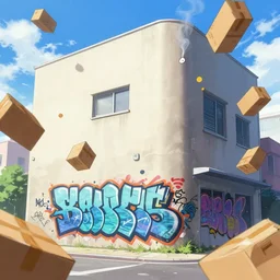 anime dreamscape digital painting, Japanese graffiti, photograph of a building 1986, cardboard boxes falling, sky captain smoking from a bong, masterpiece digital art, trending on artstation, by Karl Kopinski, by Kim Jung Gi, superani, 4k wallpaper