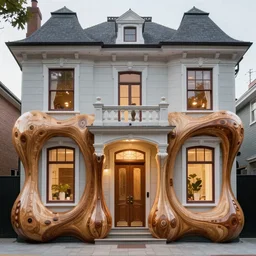 smooth bulbous shapes protruding like wooden lava from the front door and lower windows of an elegant three-storey 19th-century house, surreal, installation art reimagined by industrial light and magic