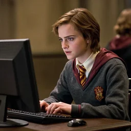Still from Harry Potter movies, Emma Watson using a computer during school in Hogwarts
