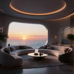futuristic virtual interior, crisp, artstation, luxury, beautiful, dim painterly volumetric aquatic sunset lighting, 3 d concept art