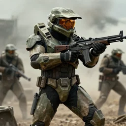 Historical photo of the Master Chief from Halo fighting in WWII, cinematic, highly detailed