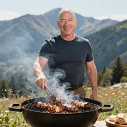 jeffrey bezos grilling meat in a barbecue outside, sunlight, natural lighting, nature, mountain, barbecue, professional photography, 5 0 mm