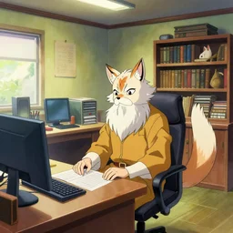 slightly colorful interior of an office belonging to a senior member of the kitsune adventurer's guild, anime, a fantasy digital painting by greg rutkowski and james gurney, trending on artstation, highly detailed