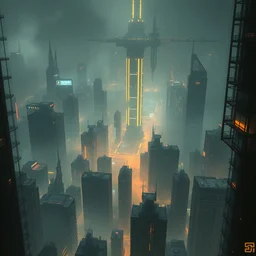 a painting of a cinematic keyframe of a cyberpunk dystopian city, blade runner like designed by ian hubertz seen from above, cenital shot, by greg rutkowski, rule of thirds, golden ratio, ambient lighting, wlop, artgerm, artstation, highly detailed masterpiece, dark fantasy art, high detail, trending on artstation