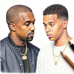 kanye west seeing kid cudi fade away, by katsuhiro otomo, graphic novel, visual novel, colored pencil, gel pen, digital art, comic book, 2. 5 - dimensional, rim lights, moody lighting, paper, detailed faces, extremely detailed, illustration