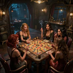 women in the interior of a steampunk apartment, Joe Madureira style, night time, smoking cigarettes, playing board games, highly detailed, level design, concept art, artstation, cgsociety, zenith view