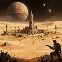 in front of an abandoned colony, on a desert planet, from a space themed point and click 2 d graphic adventure game, art inspired by tomb raider and thomas kinkade