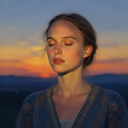portrait of a beautiful girl as natalie portman, sunset, intimate, eyes closed, faded shades of blue and orange and yellow, beautiful face, rule of thirds, intricate outfit, spotlight, by greg rutkowski, by jeremy mann, by francoise nielly, by van gogh, digital painting
