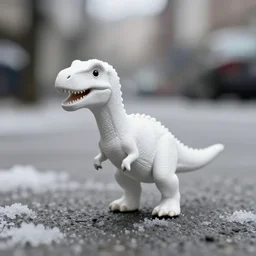 award winning photo by saul leiter of a tiny white dinosaur standing in the street, tiny gaussian blur, insanely detailed, insanely intricate, depth of field, low contrast, snowy, wide aperture