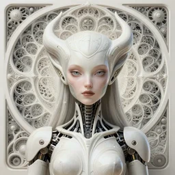 detailed realistic beautiful young cher alien robot as queen of fractal biopunk. portrait, art nouveau, symbolist, visionary, baroque, giant fractal details. horizontal symmetry by zdzisław beksinski, iris van herpen, raymond swanland and alphonse mucha. highly detailed, hyper - real, beautiful