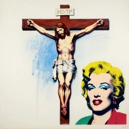 jesus christ crucified painted by cy twombly and andy warhol, both classic and pop colors