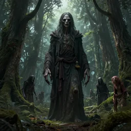highly detailed creepy forest humanoide creature in robes, stephen bliss, unreal engine, fantasy art by greg rutkowski, loish, rhads, ferdinand knab, makoto shinkai and lois van baarle, ilya kuvshinov, rossdraws, tom bagshaw, global illumination, radiant light, detailed and intricate environment