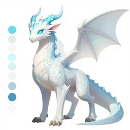 a fantasy white and pale blue draconian demon with bright eyes character design sheet, trending on artstation