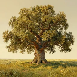 a small giant oak tree nestled in a grassland, studio lighting, golden ratio, details, masterpiece, fine art, intricate, decadent, ornate, highly detailed, digital painting, octane render, ray tracing reflections, 8 k, featured, by claude monet and vincent van gogh