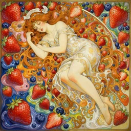 an intricate oil painting of a sleeping beautifull woman surounded by hiper detailed strawberry, blueberry, melting colorfull wax, colorfull, excelent composition, wide shot, by yoshitaka amano, by greg rutkowski, by alphonse mucha by jeremyg lipkinng, by rhads, by ross tran, by artgerm, octane render