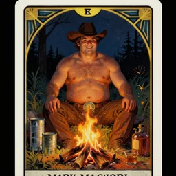 ethereal dramatic tarot card painting of a shirtless handsome fat smirking cowboy | background is a dark night with a serene campfire | tin cans and jugs of whisky | tarot card, art deco, art nouveau | by Mark Maggiori | trending on artstation