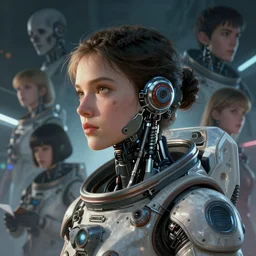 side portrait scifi cyborg girl with robotic parts and spacesuit | | head only in center of image, audrey plaza, fine detail!! anime!! realistic shaded lighting!! poster by ilya kuvshinov katsuhiro otomo ghost - in - the - shell, magali villeneuve, artgerm, jeremy lipkin and michael garmash and rob rey