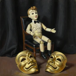 oil painting of ventriloquist's dummy, sitting on chair with black leather seat, gold theater tragedy mask on floor, black curtains in background, by paula rego