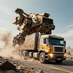 a giant truck, transforming into a war machine on a destroyed highway. special effects, highly detailed, filmic. michael bay.