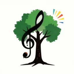 minimal silhouette art of acorn that turns into a tree in the shape of a treble clef, with a few scars on the tree, bursts of color, inspire and overcome, playful