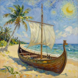 bright beautiful oil painting of a viking longship beached on a tropical desert island, light scatter, van gogh