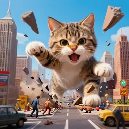 colorful diorama of a massive kitten destroying nyc in destructive rampage