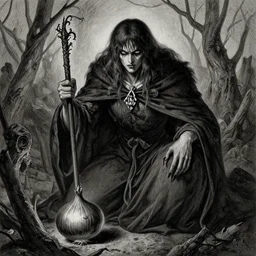 onion sorcerer by Gustave Dore, horror, style of Yoshitaka Amano