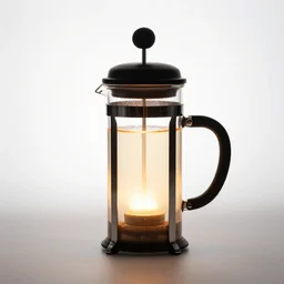 glowing french press, professional product shot, isolated on a pure white background, centered, entire object in frame, sharp focus, soft studio lighting