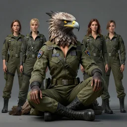 epic professional digital art of female human - eagle hybrid animal, sitting and wearing human air force jumpsuit, humanoid feathered head, eagle beak, by lisa roet, reyna rochin, iris van herpen, leesha hannigan, wayne haag, artstation, cgsocietywlop, epic, much wow, much detail, gorgeous, detailed, cinematic, masterpiece