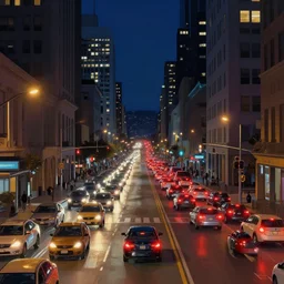 traffic jam in san francisco at night, traffic lights, high buildings, architecture, cars, reflections, cinematic, digital painting, artstation