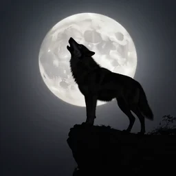 Silhouette of a howling wolf upon a cliff, the full moon shines brightly behind it