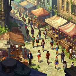 a crowded city marketplace, at midday, from a cyberpunk point and click 2 d graphic adventure game, art inspired by thomas kinkade, king's quest, sierra entertainment games