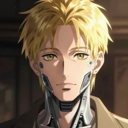 man with cybernetic implants in his face and small cameras for eyes, in a style of anime